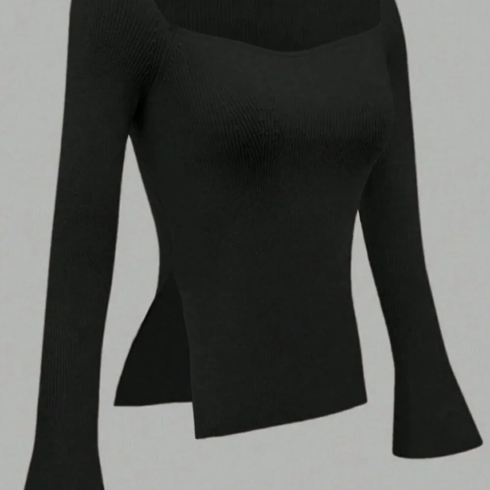 Black Casual Women's Ribbed Knit Top